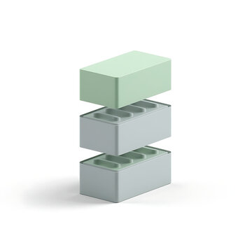 Modular EV battery cell blocks stacked in exploded view 3D claymation style isolated on white background