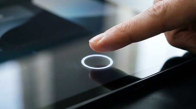 Close-up of a human finger pressing a glowing circular power button on a modern black electronic touchscreen device
