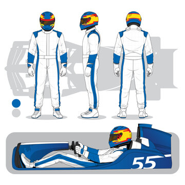 Racing Driver and Car Illustration Set