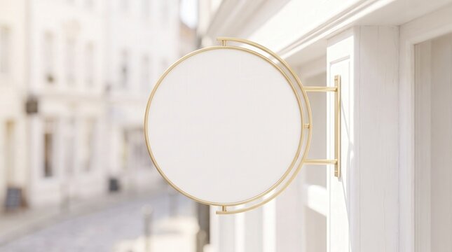 Round Signboard Mockup with Gold Brass Frame on White Building Wall for Luxury Boutique Logo Presentation and Store Branding Display