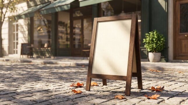 Blank Wooden A-Frame Sign Mockup on Sunny Cobblestone Street with Autumn Leaves for Restaurant Cafe or Boutique Store Marketing
