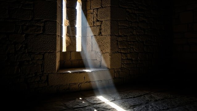 Interior shot of a stone room with a barred window casting light