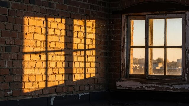 Interior shot of a sunlit brick wall with window and its shadow cast on the bricks