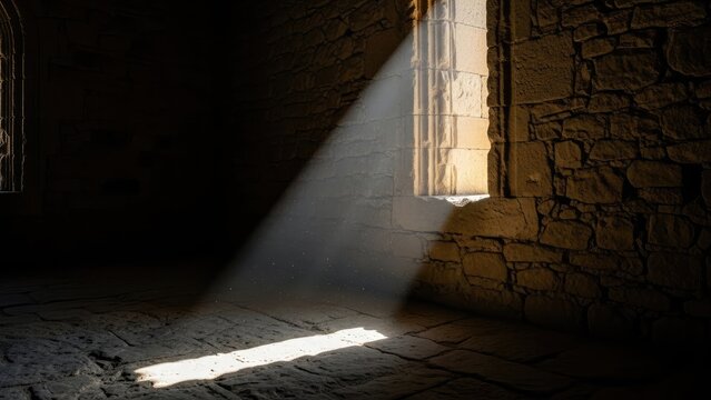 Interior stone room with sunlight streaming through a window, highlighting dust motes