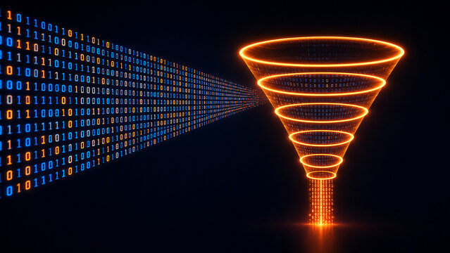 Binary code data filtering through glowing orange digital funnel for information processing and analytics concept