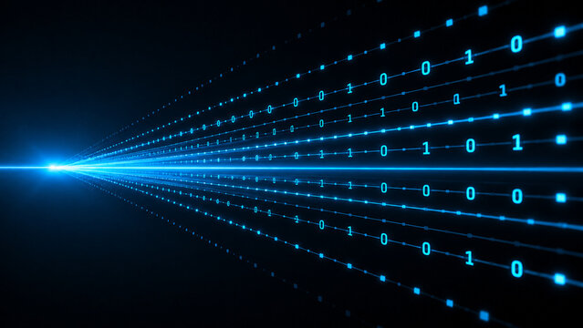 High speed binary data stream flowing along glowing digital lines for telecommunication and cyber network concept