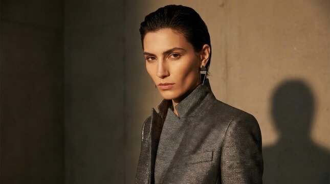 Intense portrait of a woman in grey blazer with dramatic lighting.
