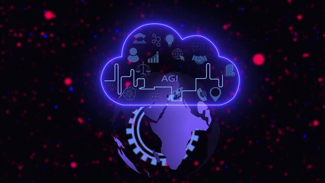 Artificial general intelligence agi concept with glowing digital cloud network and rotating earth globe featuring futuristic data and cybernetic technology for advanced computing projects