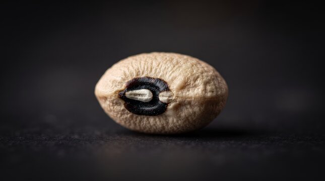 A single black-eyed pea bean with its distinct black spot is captured in a detailed macro shot against a dark, textured surface.