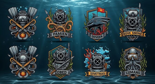 Nautical diving badges collection with sharks and helmets