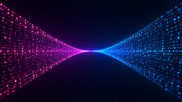 Abstract digital particle stream converging in hourglass shape representing data filtering process and telecommunication network connection.