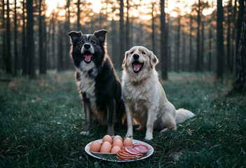Obraz premium Two happy dogs sitting in a forest with a plate of eggs and bacon, pet nutrition and outdoor lifestyle, the dogs appear joyful and content in the natural environment