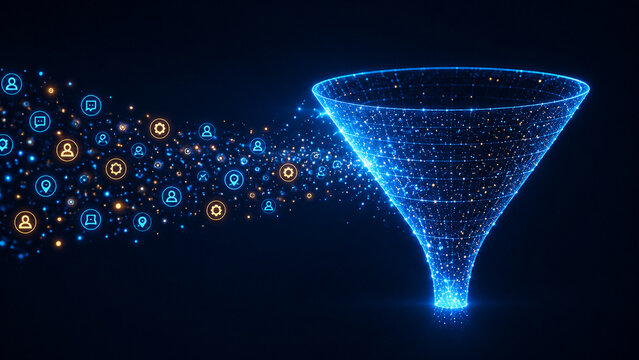 Digital marketing sales funnel drawing in glowing user profile and communication icons for customer relationship management and lead generation.