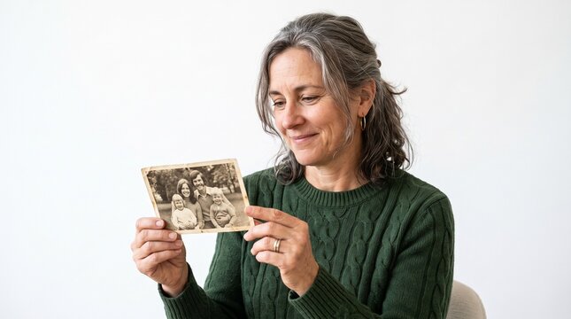 Mature woman with graying hair smiles fondly while holding an old sepia toned photograph of her family