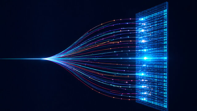 Fiber optic data stream connecting to glowing digital grid server for high speed telecommunication and cyber network transfer.