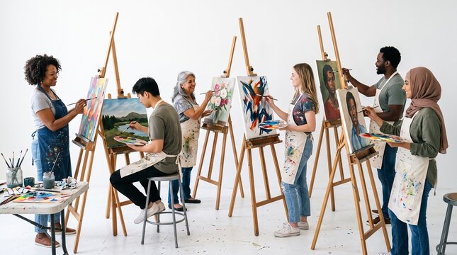 Diverse group of artists of various ages and ethnicities attending a painting class and creating art on easels