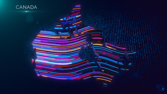 Modern digital Canada map with colorful glowing wavy extruded lines, country title, blue particle grid background, lens flare, depth of field, and futuristic technology design.