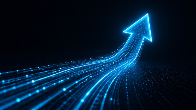 Glowing digital arrow pointing upward representing business growth financial success and technological advancement on dark background
