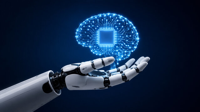 Android hand holding digital glowing brain with microchip for artificial intelligence machine learning and future technology concept.