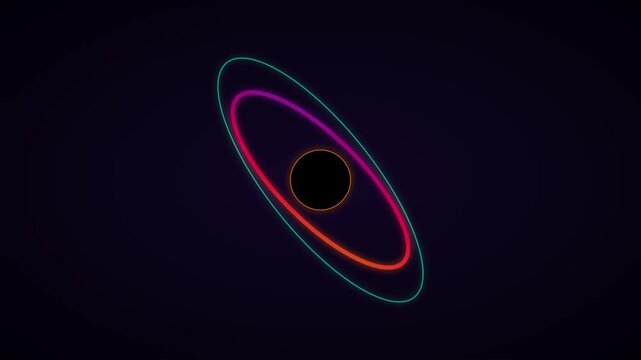 Abstract neon atom model rotating with glowing orbital rings in dark space animation 4k physics science