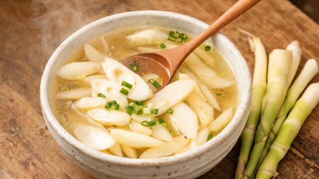 Steaming fresh wild bamboo shoot clear soup, sliced tender water bamboo in light broth topped with chopped green onion, rustic ceramic bowl, whole bamboo shoots on vintage wooden table, healthy vegeta