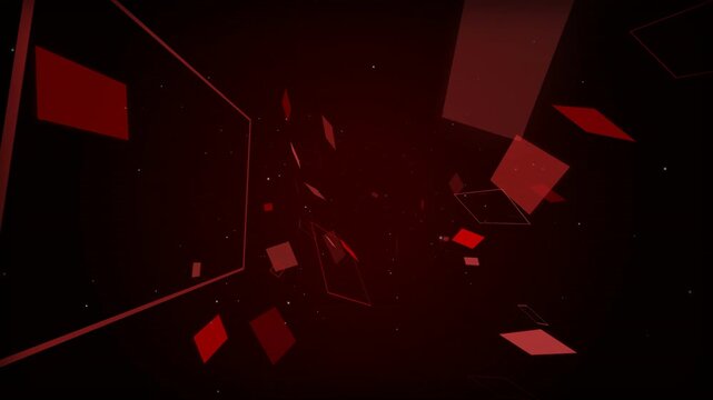 Red floating geometric squares and diamond particles on a dark background, ideal for motion graphics, VJ loops and video backgrounds