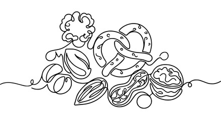 Obraz premium Hand-drawn single line art of assorted nuts and pretzel isolated on transparent background
