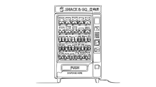 Isolated outline drawing of a snack and go vending machine, white background