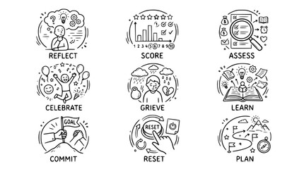 Fototapeta premium Hand drawn monthly review life audit icons reflect score assess celebrate grieve learn commit reset plan, black ink sketch vector illustration 