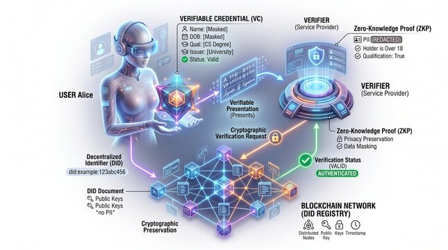 3D Schematic Diagram of Decentralized Identity (DID) and Blockchain Verification