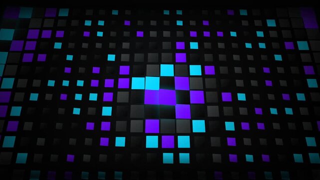 3D abstract glowing blue and purple square grid pattern animation on black, suitable for tech visuals, concert backgrounds and VJ loops