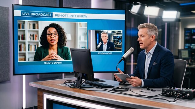 News studio with male host interviewing african american expert via video link during live broadcast. concept of journalism, media communication, remote interview