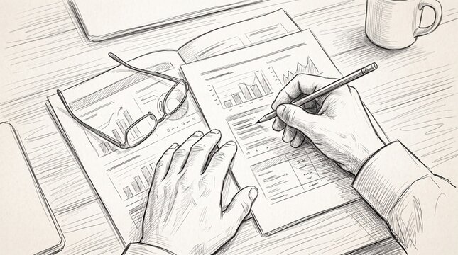 Close up of hands writing on financial reports with glasses and coffee mug on wooden desk