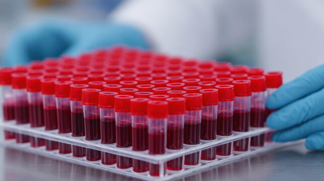 Scientist in blue gloves holding rack of blood sample test tubes for medical research and clinical diagnostics testing in professional laboratory