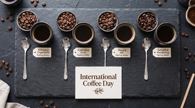Coffee tasting flight with roasted beans and freshly brewed cups on slate board for International Coffee Day. Professional barista set for gourmet beverage evaluation and cupping event