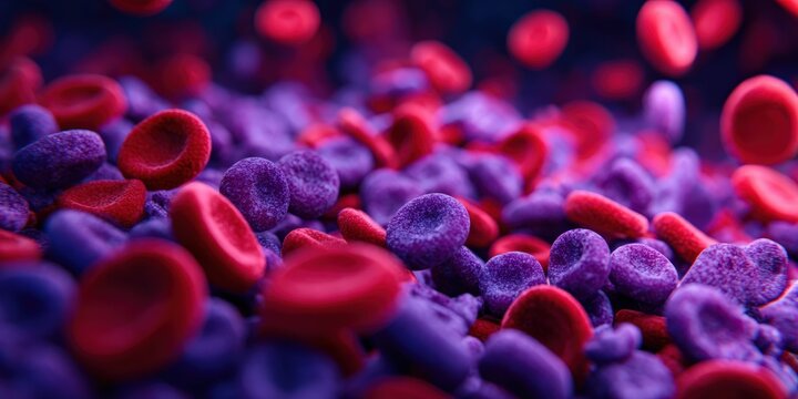 Red and Purple Blood Cells Microscopic View Scientific Visualization of Cellular Structure and Biological Processes for Medical Research and Education