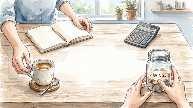 Person managing finances with coffee and savings jar on wooden table