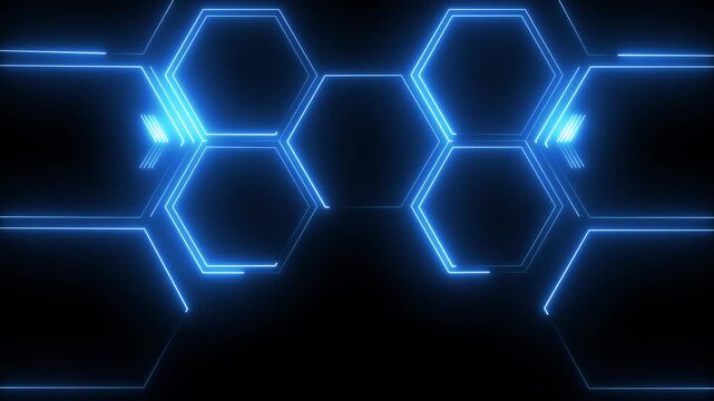 neon hexagon grid background animation isolated on a black background. Futuristic honeycomb pattern with illuminated geometric hexagonal lines creating a seamless looping technology
