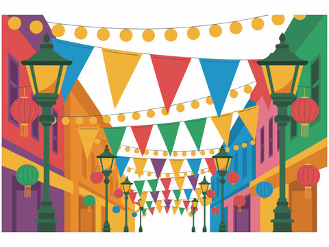 Street festival background with colorful bunting flags and lanterns