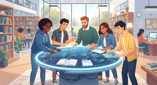 Diverse Team Collaborating on Digital Library Table