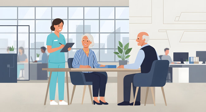 Healthcare Professional Consulting with Elderly Couple in Office