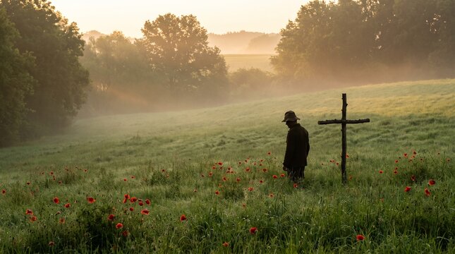 Solitary figure stands near a wooden cross in a misty field at sunrise.