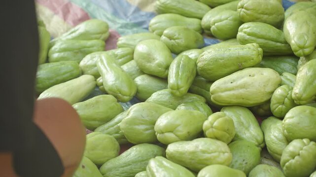 Close-Up of Customer Selecting Fresh Chayote at a Local Market