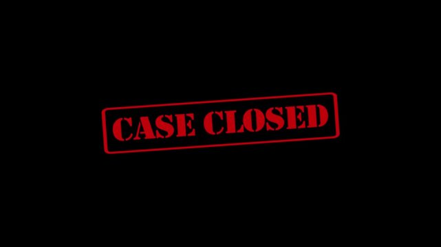 "CASE CLOSED" stamp animation: a single tap reveals the text "CASE CLOSED" in red ink&mdash;signifying a final decision that requires no further discussion&mdash;set against a dark background; 4K video.