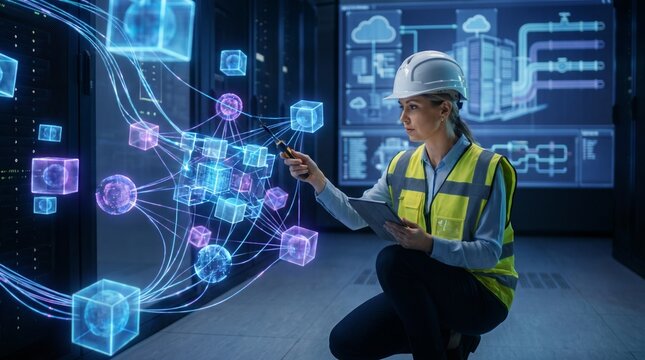 Engineer Interacting with Futuristic Holographic Data Visualization in Server Room.