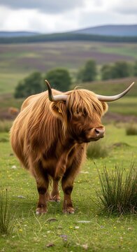 Long-haired highland cow standing in a green meadow