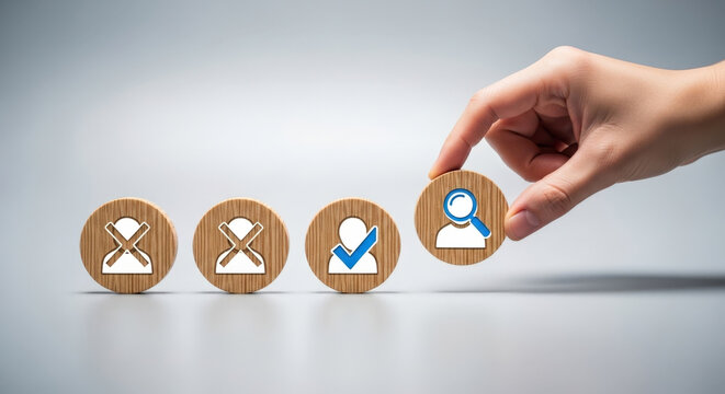 Hand placing wooden token with magnifying glass icon for candidate search during professional recruiting evaluation process against plain backdrop.