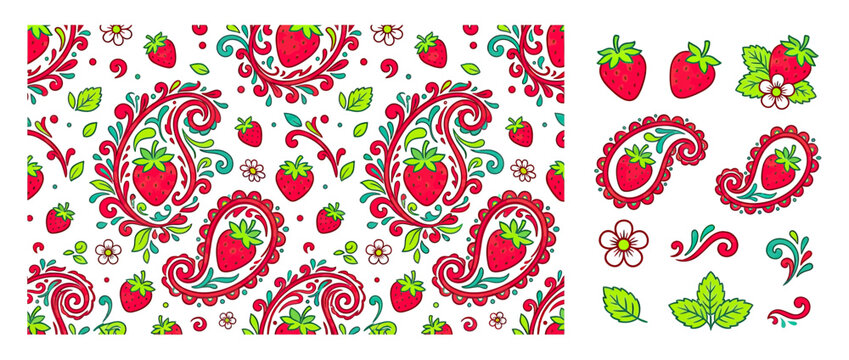 Strawberry Paisley Pattern Elements Isolated