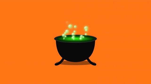 Witch cauldron bubbling with green potion on orange background with cinematic glow for seasonal marketing