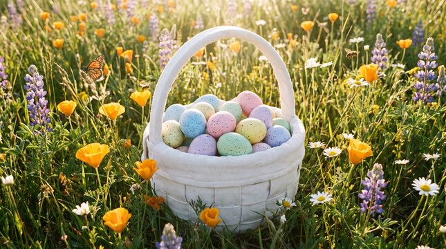 Easter Basket Filled With Colorful Eggs in a Field of Wildflowers.